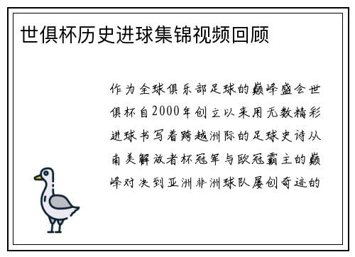 世俱杯历史进球集锦视频回顾
